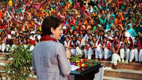 Congress general secretary Priyanka Gandhi addresses an event.(PTI File Photo)