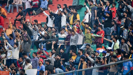 Fans cheer for Team India during third day of the first Test cricket match between India and New Zealand, at Green Park stadium in Kanpur, Saturday, Nov. 27, 2021.&nbsp;(PTI)