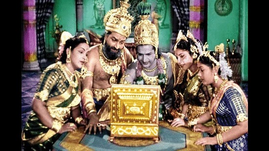 NTR (centre) in Mayabazar (1957), where he first played the Hindu deity Krishna, a role he reprised many times in his career.