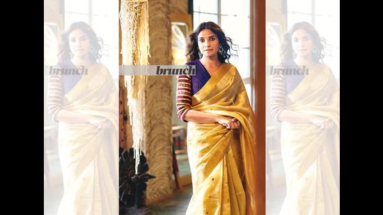 Vaishali says that when she started her career, many believed Indian weaves and drapes was not glamorous; that you can’t wear these clothes to parties, while she believed it was and is real luxury; Purple cord blouse made with khunn, paired with a handwoven Chanderi silk saree (Prabhat Shetty)