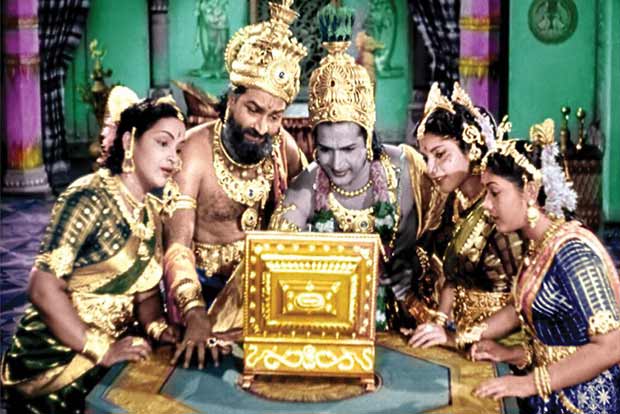 NTR (centre) in Mayabazar (1957), where he first played the Hindu deity Krishna, a role he reprised many times in his career. NTR (centre) in Mayabazar (1957), where he first played the Hindu deity Krishna, a role he reprised many times in his career.