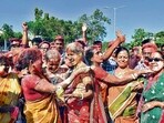 BJP supporters celebrate their victory in civic polls, in Tripura. (PTI)