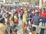 Moradabad: Candidates wait outside an examintaion centre to appear in Uttar Pradesh Teacher Eligibility Test 2021 (UPTET Exam 2021), in Moradabad, Sunday, Nov. 28, 2021. The examination has been cancelled due to alleged paper leak. (PTI Photo) (PTI11_28_2021_000031A) (PTI) Moradabad: Candidates wait outside an examintaion centre to appear in Uttar Pradesh Teacher Eligibility Test 2021 (UPTET Exam 2021), in Moradabad, Sunday, Nov. 28, 2021. The examination has been cancelled due to alleged paper leak. (PTI Photo) (PTI11_28_2021_000031A) (PTI)