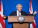 Britain's Prime Minister Boris Johnson speaks during a press conference in London. Britain's Prime Minister Boris Johnson speaks during a press conference in London.