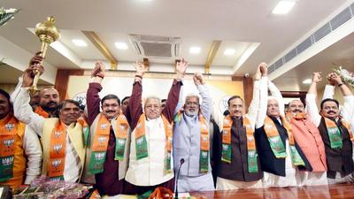 The new entrants to the party with BJP leaders in Lucknow on Sunday. (SOURCED IMAGE ) The new entrants to the party with BJP leaders in Lucknow on Sunday. (SOURCED IMAGE )