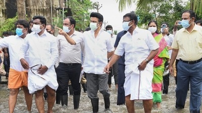 Tamil Nadu Chief Minister MK Stalin visits flood affected areas in Chennai on Sunday. (PTI PHOTO.) Tamil Nadu Chief Minister MK Stalin visits flood affected areas in Chennai on Sunday. (PTI PHOTO.)