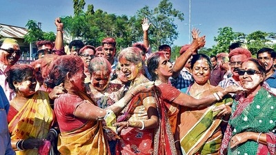 BJP supporters celebrate their victory in civic polls, in Tripura. (PTI) BJP supporters celebrate their victory in civic polls, in Tripura. (PTI)