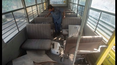 As the Omicron Covid variant has emerged in various countries, parents and teachers are now in two minds about reopening of off-line school for Classes 1 to 7 in Maharashtra. (In pic) A driver checks condition of an unattended school bus at Katraj in Pune. (Pratham Gokhale/HT Photo) As the Omicron Covid variant has emerged in various countries, parents and teachers are now in two minds about reopening of off-line school for Classes 1 to 7 in Maharashtra. (In pic) A driver checks condition of an unattended school bus at Katraj in Pune. (Pratham Gokhale/HT Photo)