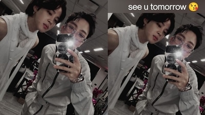 BTS members J-Hope and Jimin pose for a selfie together, J-Hope shared the picture on Weverse and wrote, “See you tomorrow.”&nbsp; 