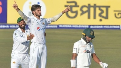 Shaheen Afridi celebrates after picking a wicket against Bangladesh in 1st Test. (Twitter/TheRealPCB) Shaheen Afridi celebrates after picking a wicket against Bangladesh in 1st Test. (Twitter/TheRealPCB)