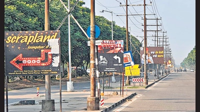 Ahead of the assembly polls, around 100 illegal hoardings of Punjab chief minister Charanjit Singh Channi have been put up on Airport Road and other roads of the city, highlighting his achievements in the past month. (HT Photo)