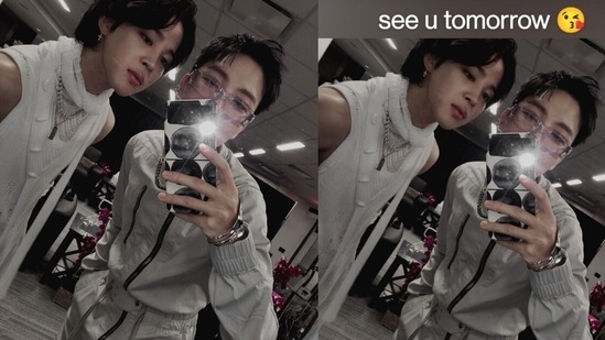 BTS members J-Hope and Jimin pose for a selfie together, J-Hope shared the picture on Weverse and wrote, “See you tomorrow.”&nbsp;