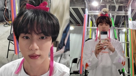 BTS member Jin gave fans a close look at his ‘flower’ headband on Twitter and wished fans a good night as well.&nbsp;