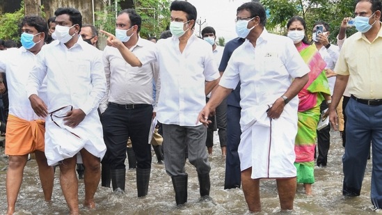 Tamil Nadu Chief Minister MK Stalin visits flood affected areas in Chennai, Sunday. (PTI)