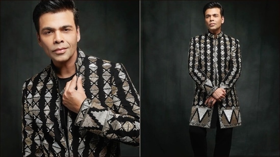 Always the one to grab eyeballs for his quirky sartorial sense, Bollywood filmmaker Karan Johar left us impressed recently with his dapper look in a black sherwani with a touch of contemporary.(Instagram/karanjohar)