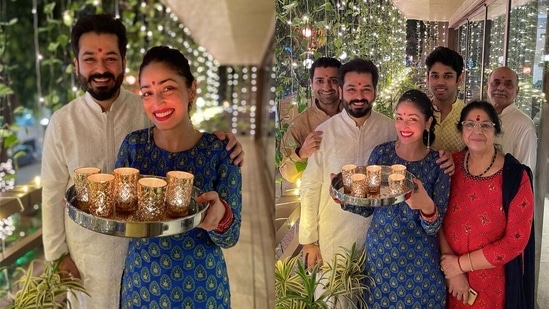 yami aditya 2 1638081752739 1638081793445 Yami Gautam celebrated her first Diwali after marriage with husband Aditya Dhar and in-laws. 