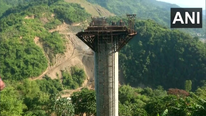 Railway bridge pier of the Jiribam-Imphal railway project in Imphal, Manipur. (ANI)