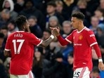 Jadon Sancho celebrates with Fred after scoring the opening goal during the English Premier League match between Chelsea and Manchester United at Stamford Bridge stadium in London. (AP) Jadon Sancho celebrates with Fred after scoring the opening goal during the English Premier League match between Chelsea and Manchester United at Stamford Bridge stadium in London. (AP)