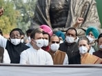Congress President Sonia Gandhi, party leader Rahul Gandhi and others stage a protest at Parliament House ahead of the winter session, in New Delhi on Monday. Congress President Sonia Gandhi, party leader Rahul Gandhi and others stage a protest at Parliament House ahead of the winter session, in New Delhi on Monday.