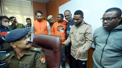 The four suspects at the deputy commissioner of police (DCP) office in Noida Sector 6 on Monday. (Sunil Ghosh/HT) The four suspects at the deputy commissioner of police (DCP) office in Noida Sector 6 on Monday. (Sunil Ghosh/HT)