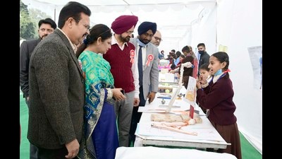 Dignitaries checking out the experiments on display during the state-level science exhibition at PAU government school in Ludhiana on Monday. (Harsimar Pal Singh/HT) Dignitaries checking out the experiments on display during the state-level science exhibition at PAU government school in Ludhiana on Monday. (Harsimar Pal Singh/HT)