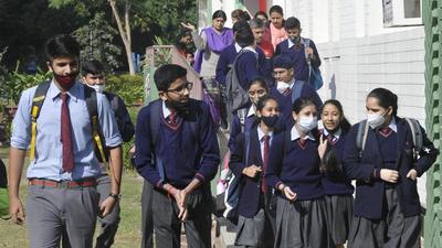 Students coming out of Tender Heart School in Sector 33, Chandigarh, after the first-term exam for ICSE schools was held on Monday. The CBSE will start term exams for major subjects from Tuesday. (Keshav Singh/HT)
