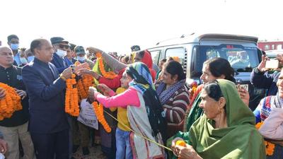 Himachal Pradesh chief minister Jai Ram Thakur in Dharampur of Mandi district during a visit on Monday. (Birbal Sharma /Hindustan Times)