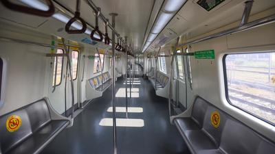 The inside view of the first refurbished Metro train at Yamuna Bank metro station on Monday. (Amal KS/Hindustan Times)