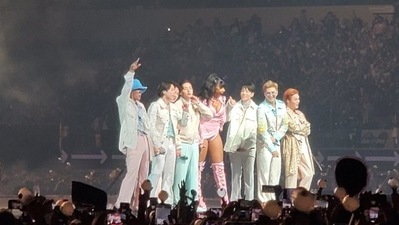 BTS was joined by rapper Megan Thee Stallion on the second day of their Permission to Dance on Stage concert in Los Angeles. (Twitter/@MandyHolverson) BTS was joined by rapper Megan Thee Stallion on the second day of their Permission to Dance on Stage concert in Los Angeles. (Twitter/@MandyHolverson)