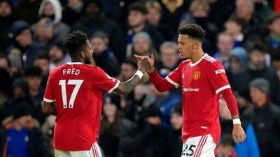 Jadon Sancho celebrates with Fred after scoring the opening goal during the English Premier League match between Chelsea and Manchester United at Stamford Bridge stadium in London. (AP) Jadon Sancho celebrates with Fred after scoring the opening goal during the English Premier League match between Chelsea and Manchester United at Stamford Bridge stadium in London. (AP)