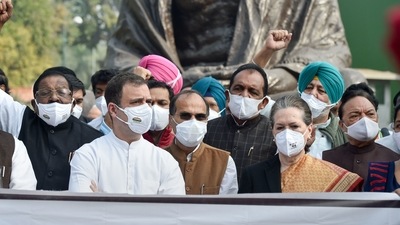 Congress President Sonia Gandhi, party leader Rahul Gandhi and others stage a protest at Parliament House ahead of the winter session, in New Delhi on Monday. (PTI Photo) Congress President Sonia Gandhi, party leader Rahul Gandhi and others stage a protest at Parliament House ahead of the winter session, in New Delhi on Monday. (PTI Photo)