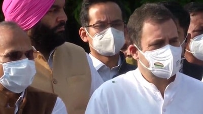 Congress leader Rahul Gandhi talks to reporters in Parliament on Monday. (ANI)