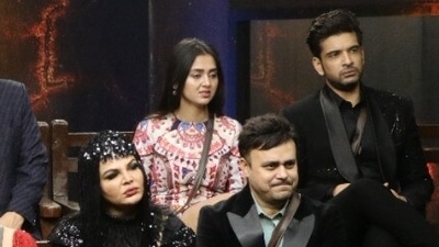 Rakhi Sawant, Ritesh, Karan Kundrra and Tejasswi Prakash on Bigg Boss 15. Rakhi Sawant, Ritesh, Karan Kundrra and Tejasswi Prakash on Bigg Boss 15.