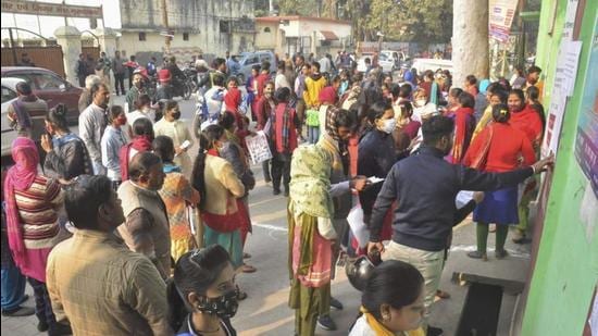 UPTET candidates outside an examination centre in Moradabad, UP. The exam was cancelled on Sunday after a question paper leak. (PTI PHOTO)