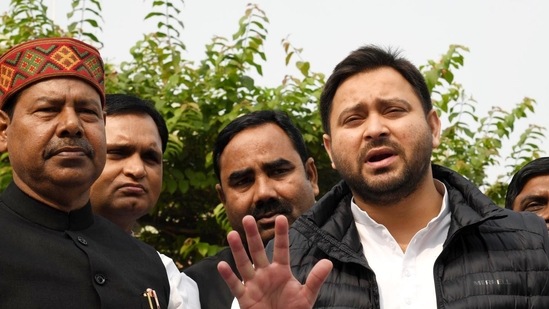 RJD MLA Tejashwi Yadav speaking with media persons outside of Bihar Assembly during Winter Session in Patna, Bihar. (Santosh Kumar/Hindustan Times) RJD MLA Tejashwi Yadav speaking with media persons outside of Bihar Assembly during Winter Session in Patna, Bihar. (Santosh Kumar/Hindustan Times)