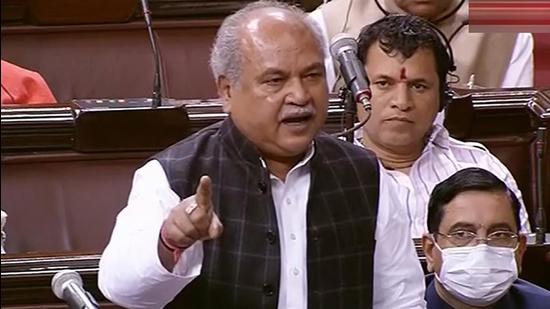 Union agriculture minister Narendra Singh Tomar speaks in the Rajya Sabha during the winter session of Parliament in New Delhi on Monday. (PTI)