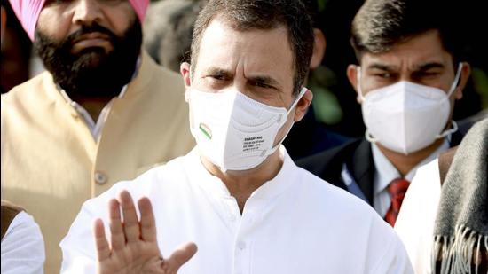 Congress leader Rahul Gandhi addresses a press conference, at Vijay Chowk lawn, in New Delhi on Monday. He said the repeal of the contentious three farms laws without debate in Parliament shows that the government is ‘scared’ of holding discussions. (ANI)