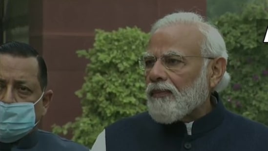 PM Modi speaks to the media on Monday. (ANI Twitter)