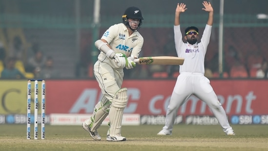 India's Ajinkya Rahane appeals for the wicket of New Zealand's Tom Latham during fifth day of the first test cricket match between India and New Zealand, at Green Park stadium in Kanpur, Monday, Nov. 29, 2021 (PTI)