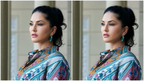 In statement blue hoop earrings from Viari Accessories, Sunny looked perfect.(Instagram/@sunnyleone)