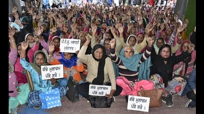 PAU contractual employees protesting against the state government outside the varsity’s Thapar Hall in Ludhiana on Tuesday. (Harsimar Pal Singh/HT)