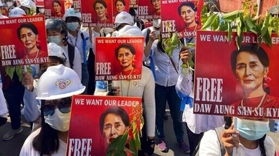 The 76-year-old Suu Kyi has been detained since the generals ousted her government in the early hours of February 1, ending Myanmar's brief democratic interlude. In picture - Protesters hold portraits of Aung San Suu Kyi during an anti-coup demonstration in Mandalay, Myanmar. (AP) The 76-year-old Suu Kyi has been detained since the generals ousted her government in the early hours of February 1, ending Myanmar's brief democratic interlude. In picture - Protesters hold portraits of Aung San Suu Kyi during an anti-coup demonstration in Mandalay, Myanmar. (AP)