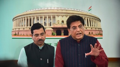 Union commerce and industry Minister Piyush Goyal with parliamentary affairs minister Pralhad Joshi addresses the media at Parliament during its Winter Session, in New Delhi (PTI Photo) Union commerce and industry Minister Piyush Goyal with parliamentary affairs minister Pralhad Joshi addresses the media at Parliament during its Winter Session, in New Delhi (PTI Photo)