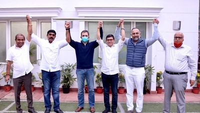 Rahul Gandhi with Vijay Sardesai and Vinod Palyekar and Prasad Gaonkar (Twitter/Vijai Sardesai)