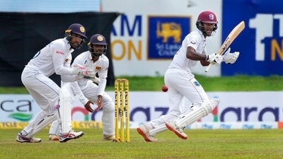 West Indies batter Kraigg Brathwaite watches his shot during the Day 2 of the second Test against Sri Lanka in Galle. (AP) West Indies batter Kraigg Brathwaite watches his shot during the Day 2 of the second Test against Sri Lanka in Galle. (AP)
