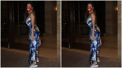Malaika Arora stepped out in a blue and white floral printed jumpsuit. (HT Photos/Varinder Chawla)
