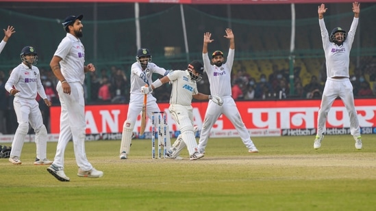 Indian player appeal for the wicket of New Zealand player Ajaz Patel during the fifth and last day of the first Test (PTI) Indian player appeal for the wicket of New Zealand player Ajaz Patel during the fifth and last day of the first Test (PTI)