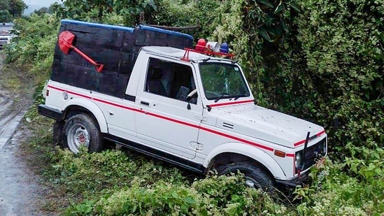 A vehicle from an Assam Rifles convoy which was ambushed by militants, in Churachandpur district.&nbsp;(PTI Photo)