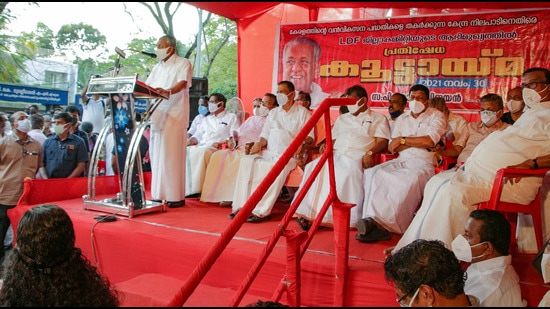 Kerala chief minister Pinarayi Vijayan addresses a protest meet, organised by Left Democratic Front, in Thiruvananthapuram on Tuesday. (PTI)