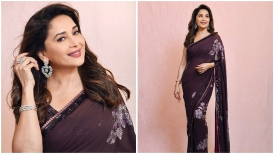 In a <span class='webrupee'>₹</span>76K wine floral saree, Madhuri Dixit blends elegance and grace(Instagram/@madhuridixitnene)